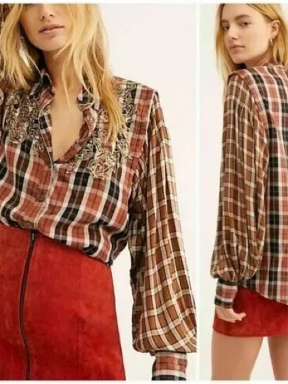 Free People Copper Embroidered Plaid Button-Down Shirt - Red, Brown & Black